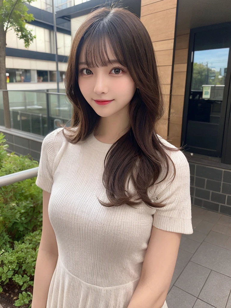 masutepiece, Best Quality, Illustration, Ultra-detailed, finely detail, hight resolution, 8K Wallpaper, Perfect dynamic composition, Beautiful detailed eyes, Women's Fashion Summer,Medium Hair,Small breasts natural color lip, Bold sexy poses,Smile,Harajuku、20 years girl、Cute、Sexy shot looking at camera