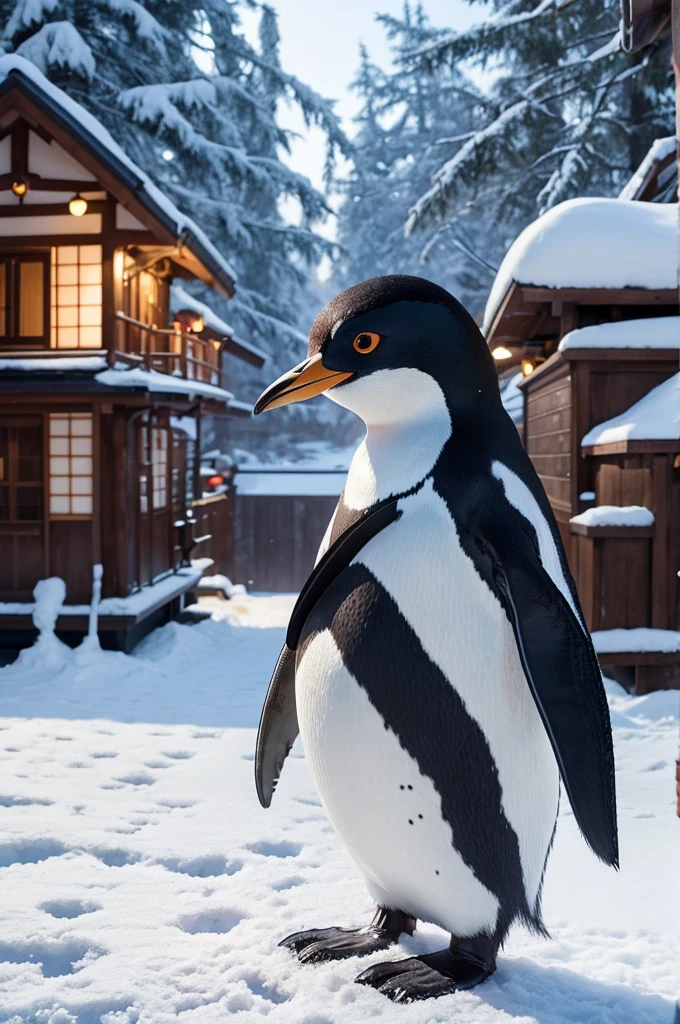"A hyper-realistic yet Pixar-style cute image of an anthropomorphic penguin dressed as a ninja. The penguin has a human-like body but retains adorable penguin features such as a beak and flippers, wearing a small-sized traditional ninja outfit with a mask and holding a tiny shuriken. The setting is a charming, animated Japanese winter landscape with snow-covered trees and a whimsical, enchanting atmosphere."