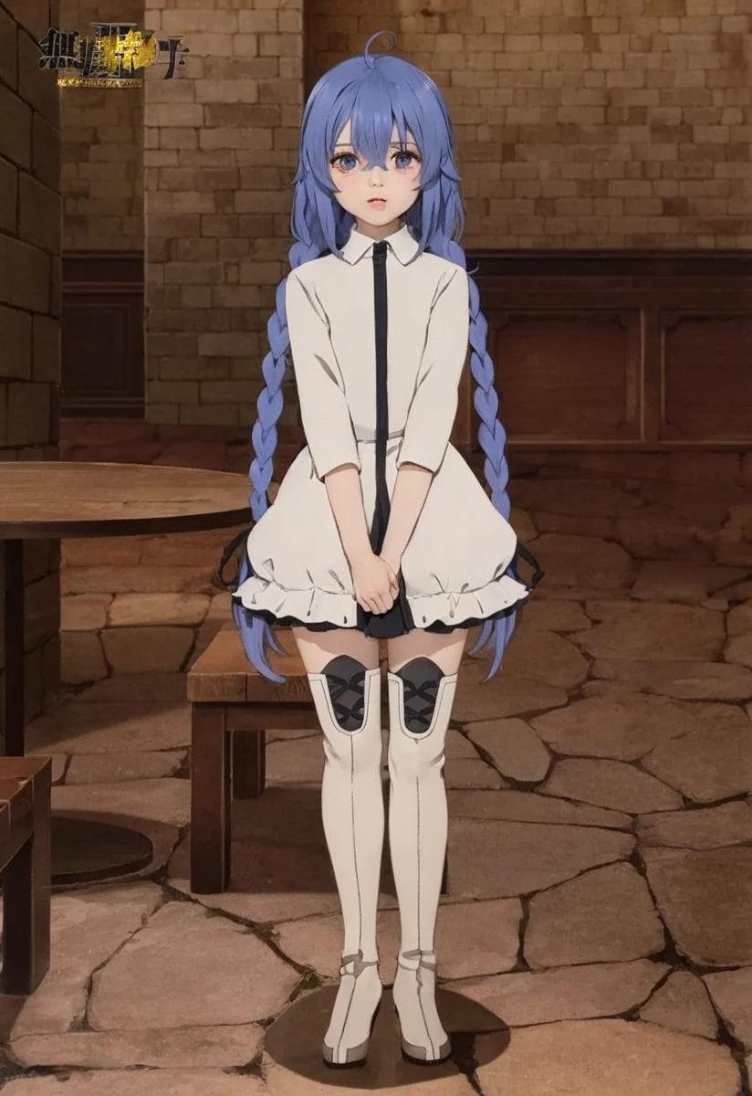 Blue hair girl,white dress with blue long chain, wearing white stocking