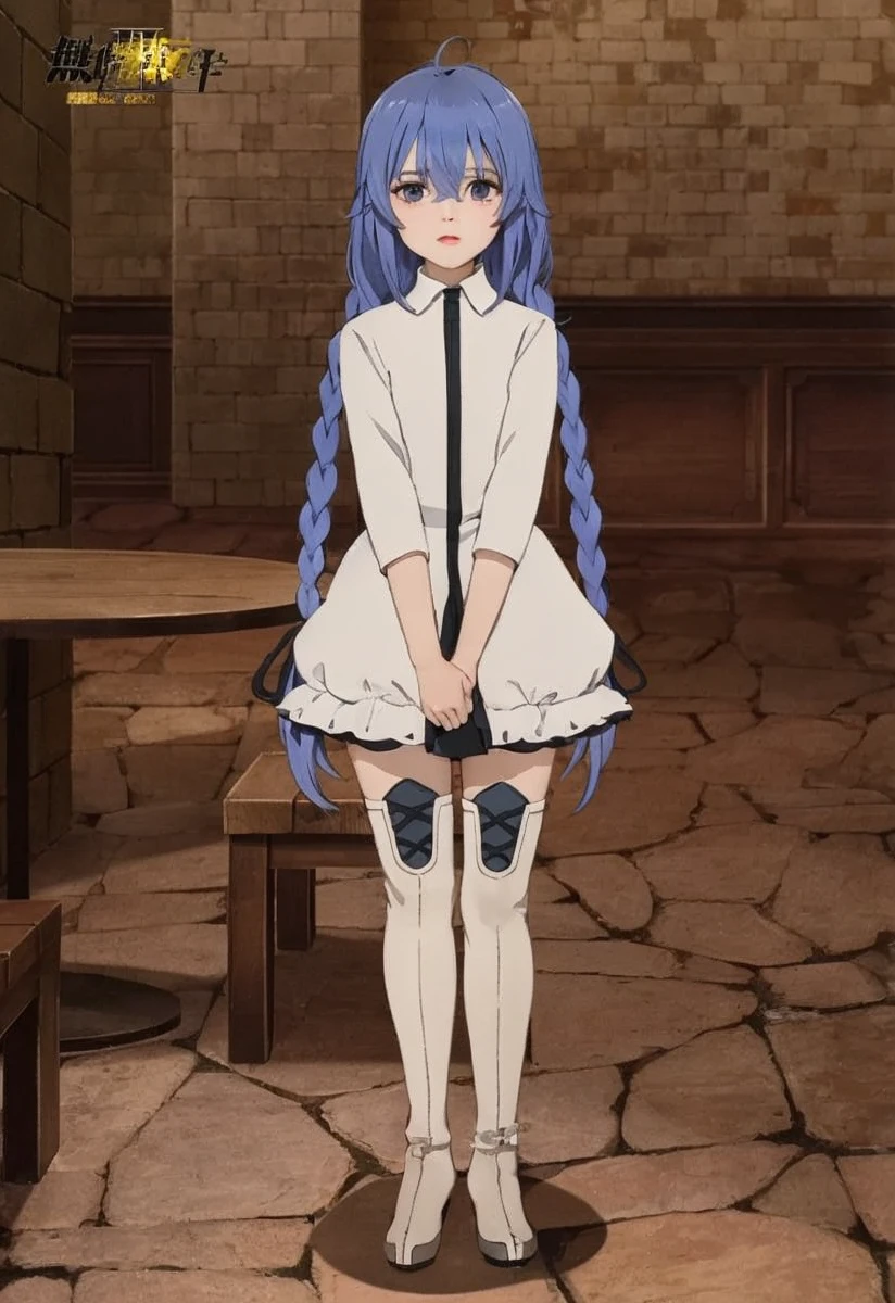 Blue hair girl,white dress with blue long chain, wearing white stocking