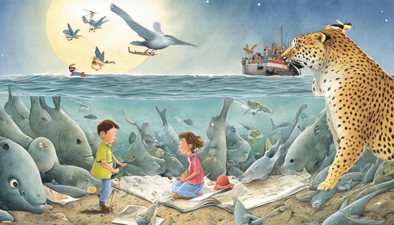 Create an illustration in the style of David Wiesner, the American illustrator, depicting a story about love and education.