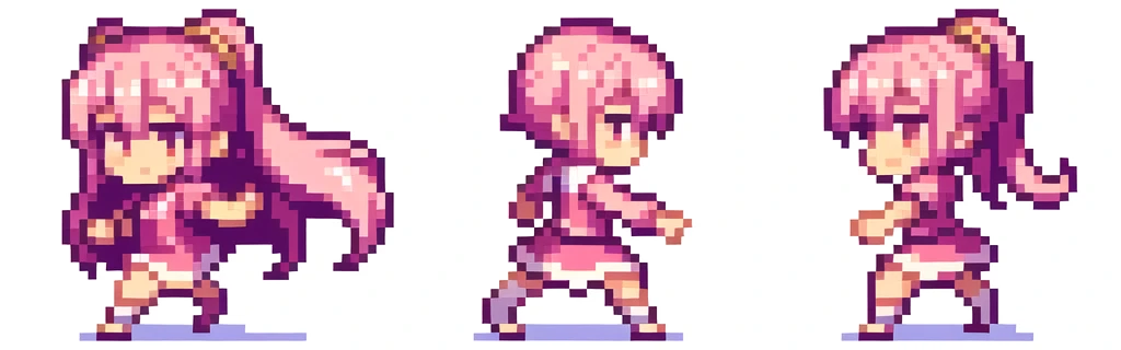 the very same person character chips , masterpiece , best quality , pixel , pixel art , xiangsu , xiang su , sequence frames , 6 poses (put out one's left foot , put out one's right foot , 2 front-facing poses , 2 back poses), walking , 1 girl , fantasy clothes , full body , white background , heroine , deformed , sexy , chibi , Highly Exposed , pink clothes , pink hair , walking frame