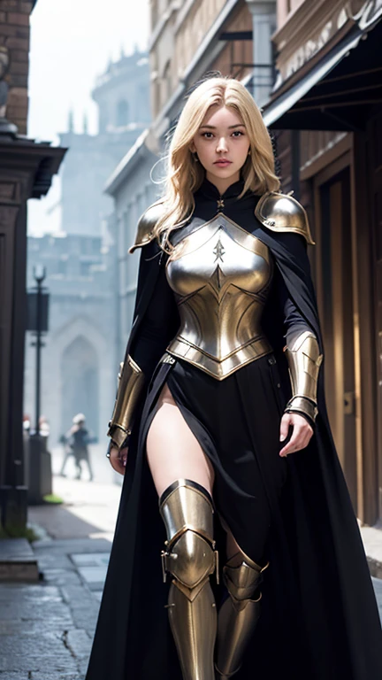 a woman in a black cape and armor walking down a street, stunning armor, gal gadot as hell lord, warrior dress, very stylish fantasy armor, imogen poots as a holy warrior, a sexy blonde warrior, beautiful armor, imogen poots as holy paladin, armor girl, gold obsidian armor, imogen poots as a paladin, ancient castle background