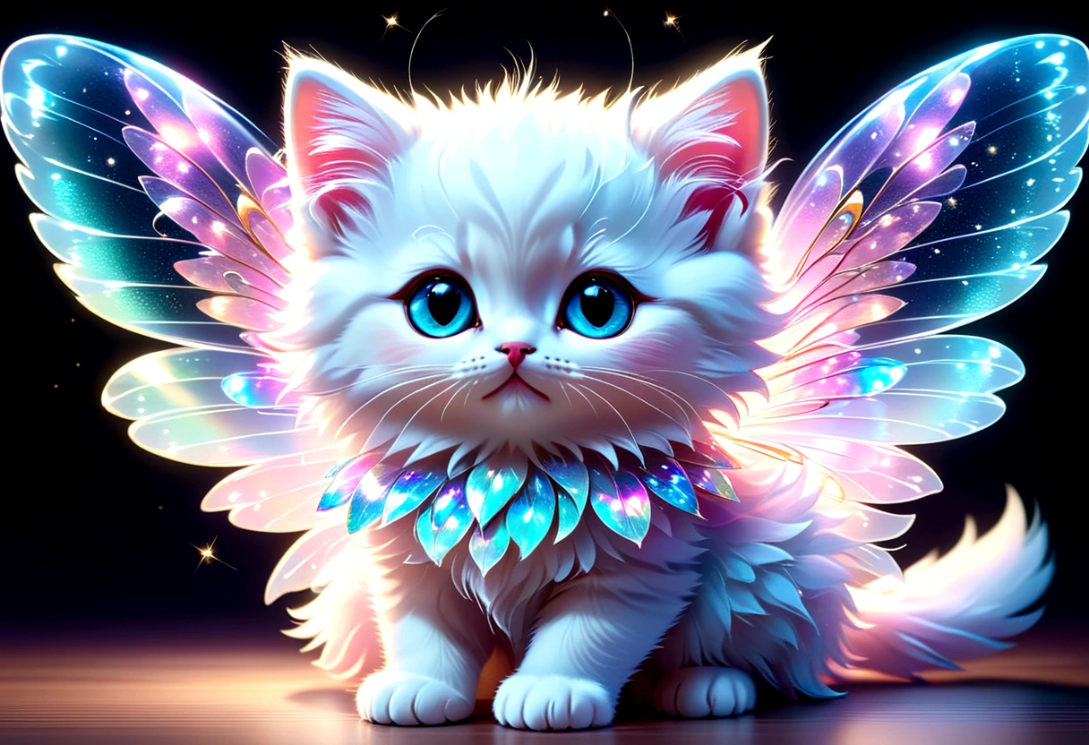masterpiece, best quality, 8K, High Detail, Ultra Detail, A cute kitten, Light Blue,With holographic ornate design, Light pink and white, Nearly perfect,There are fairy transparent colorful wings