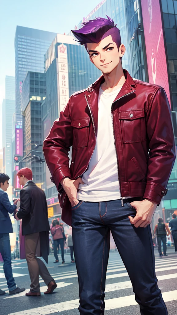 Bad boy, low angle, purple pompadour, red jacket and jeans, looking at camera, smiling, Tokyo city，Pocket Hand，anime