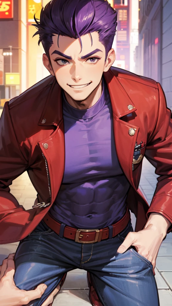 Bad boy, low angle, purple pompadour, red jacket and jeans, looking at camera, smiling, Tokyo city，Pocket Hand，anime