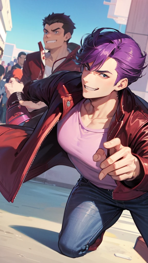 Bad boy, low angle, purple pompadour, red jacket and jeans, looking at camera, smiling, Tokyo city，Pocket Hand，anime