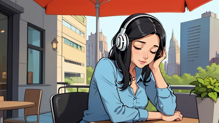 Beautiful woman in her 30s with black hair is sitting with headphones on the cafe terrace. Looking down, eyes closed, LOFI girl, alone in the room, blue blouse, relaxing mood, cozy, only five fingers, new york, colorful, Well-proportioned face, book