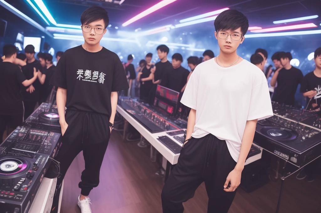 21 year old Chinese boy, he is wearing a oversize white t shirt XXL, he is wearing black Jogger trousers, he is wearing black sneakers, he is wearing glasses, he is dancer of a DJ set , NIGHTCLUB, full body, he is buzz cut Hair, foot