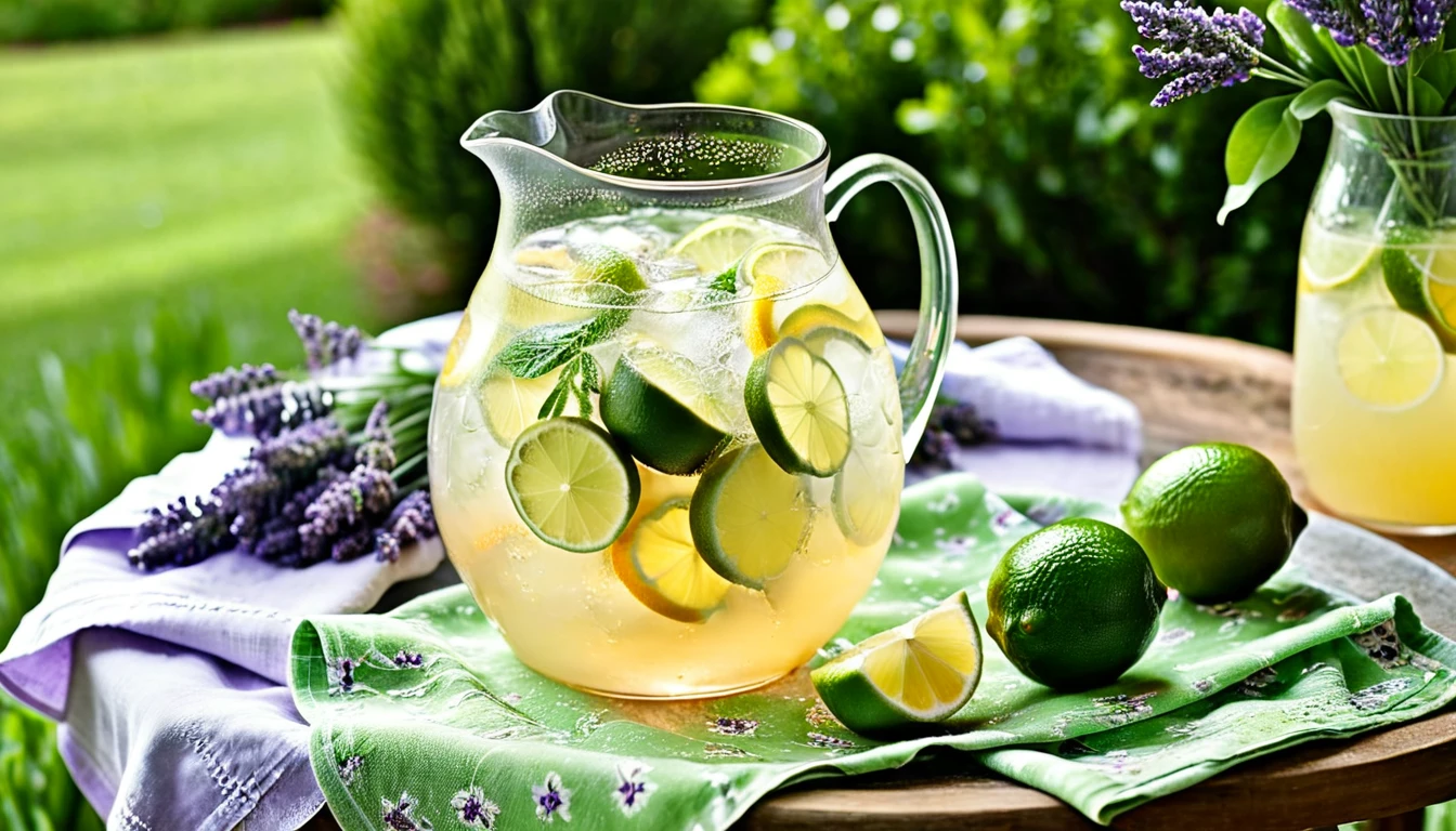  Capture the essence of a leisurely summer afternoon with a focus on the glistening pitcher of lemonade, condensation forming on its surface. The lime slices add a touch of zest while the floral napkin and lavender evoke a garden-like atmosphere.