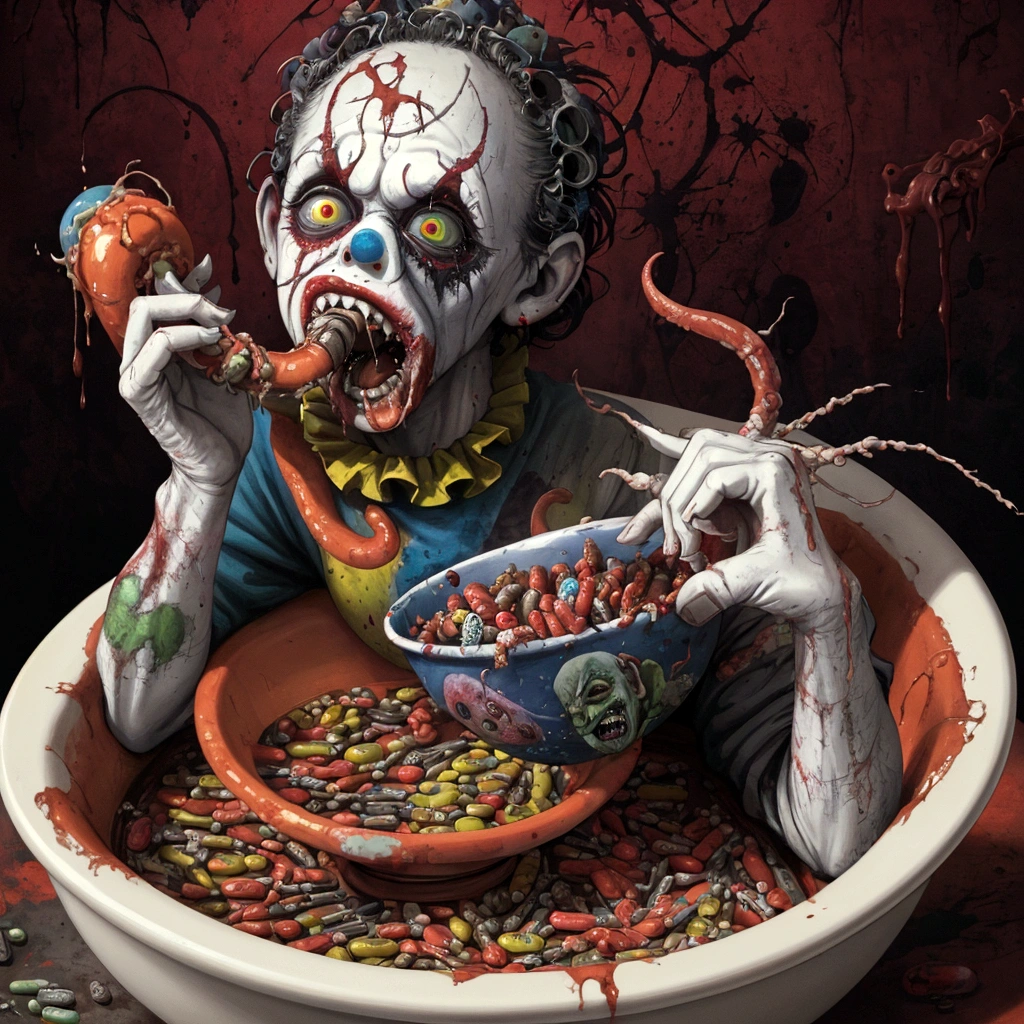 a painting of a zombie eating a bowl of PILLS, a hyperrealistic painting, by Jason Edmiston, cutecore clowncore, tentacle creature mix, horror wallpaper aesthetic, greg beeple, clown, art depicting control freak, cutout, kill -blur art, rendering, horrifying