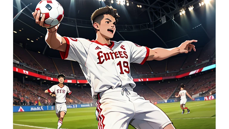 Create a realistic image of Shohei Ohtani playing as a forward in a soccer match. He should be wearing a soccer uniform, preferably in the colors of a professional team. Ohtani should be actively engaged in the game, either dribbling the ball, taking a shot, or celebrating a goal. The background should feature a stadium filled with cheering fans. Ensure the overall scene is dynamic and action-packed, capturing the intensity and excitement of a high-stakes soccer match.