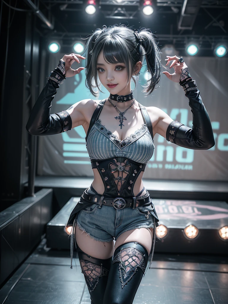 (Full Body View:1.3)、(Side view:1.2)、(Smiling with teeth showing:1.3),(Shibuya Gal:1.5)、(Gothic ta style fashion:1.5)、(Punk RockVisual Kei:1.5)、(Wearing a rhythmic gymnastics bodysuit with intricate details:1.4)、(Racing suit and pants with intricate white, denim and turquoise decorations:1.5)、(Denim with turquoise and white boots:1.3)、((belt))、(Numerous delicate logo marks all over the costume:1.4)、(collar:1.3)、(Striped underwear:1.5)、20-year-old、NSFW、((Highest quality、In 8K、masterpiece:1.3))、Sharp focus:1.2、(Layered Cut、Huge boobs:1.1),Beautiful woman with perfect figure:1.4、(Doing an aerobics pose:1.3)、Slender Abs:1.2、Highly detailed face and skin texture、Detailed eyes、double eyelid,(Twin tails:1.3)、(Dark silver hair:1.3)、Gravure idol、(The background is the stage of the fashion show:1.3)、(Slim body:1.3),(Make your legs thinner:1.4),（clavicle:1.1）、(Thin thighs:1.2)