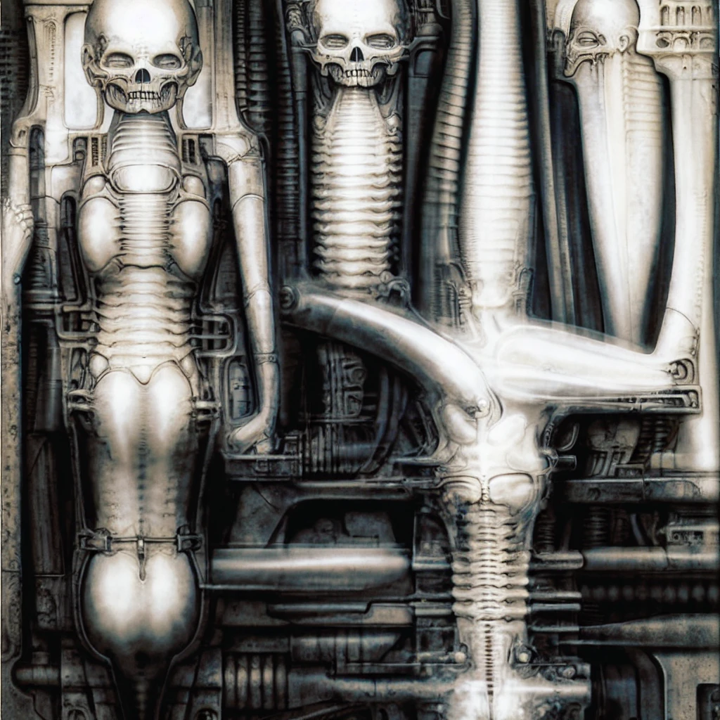 
The image is a detailed view of H.R. Giger's \" Landscape XVI \" plate, featuring a complex network of bones and organs in a purple-brown hue ,swirling gray and brown colors. The artwork is silver and purplish brown, with an ivory bones prominently displayed. The image is highly detailed and intricate, almost like a 3d version of a medical diagram 
The image is an artistic representation of a mechanical structure with pipes and gears, with a skeletal creature and a windmill blade.

biomechanical landscape by Hans Rudie Giger composed of fossilized and mummified alien life forms. Image depicts a strange and dreamlike, combines biological and mechanical ,managed  to dreamlike quality. Centralized recognizable shapes of skulls, rib cages, and spines, all intertwined with tubes and cables. These shapes suggest fossilized mummified alien life forms. Central skeletal structures and what appears to be a ribcags of ivory in the foreground are the most identifiable organic elements. The mechanical elements are evident in the wires and tubes emanating from the skeletals, as well as the smooth metallic tubes. In the background shapes are visible that could be interpreted as other fossilized or mummified alien life.
Light source from the top highlights skeletals, upper part of foreground, lower part of image is in shadow. 


The piece is a tableau, most likely created with a India ink pen or pencil on paper, determined by the thin lines, shading techniques, and the texture of the paper, which is visible around the edges.
used is pen, given the shading and variations in line weight visible in the image. One have used a variety of pencils with different degrees of hardness to achieve the shading effects

The style  is clearly biomechanical. Features combination of organic and mechanical forms. Mechanical elements dominate the composition, there are subtle organic hints. The use of undersaturated purple-grays dark contrasts creates a stark and graphic look. Is used a variety of l