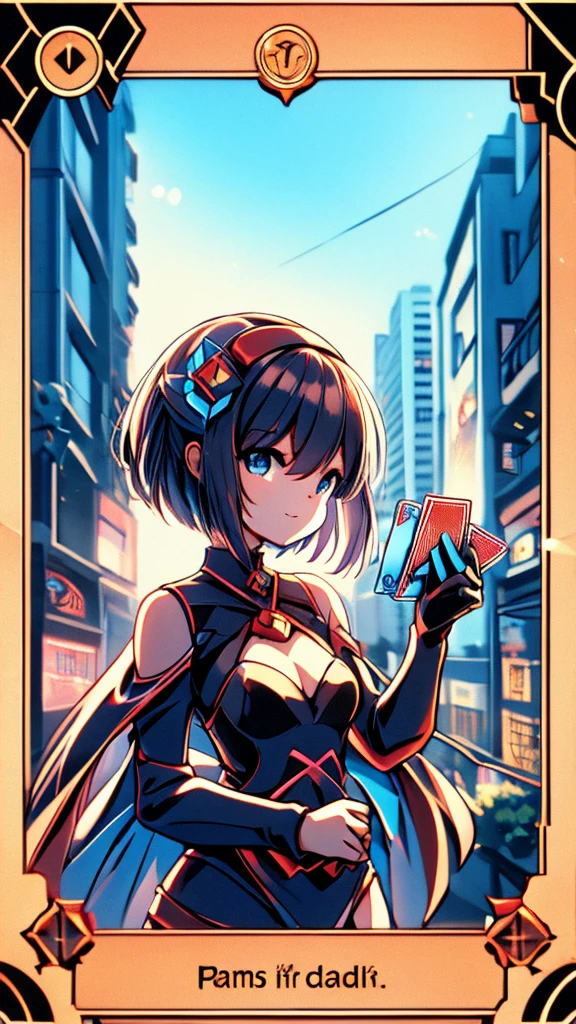 Cards，There are many cards floating in the sky，Girl holding cards，Girl holding a card，Fantasy style，Magic Style，Sci-fi style，Sci-fi style与Magic Style，A girl holding a card with many cards floating behind her，Girl holding a card between two fingers，Girl holding cards，Correct human body structure，Correct body proportions，Girl holding a card，Girl holding cards，The girl holds a card in her hand，Street background，现代Street background，现代都市Street background，Magic Style的背景，Modern urban background，Cards floating in the sky，Cards floating in the background，Upper body close-up，Close-up above the waist，背景中有很多Cards floating in the air，Cards floating in the air，Tarot cards floating in the air