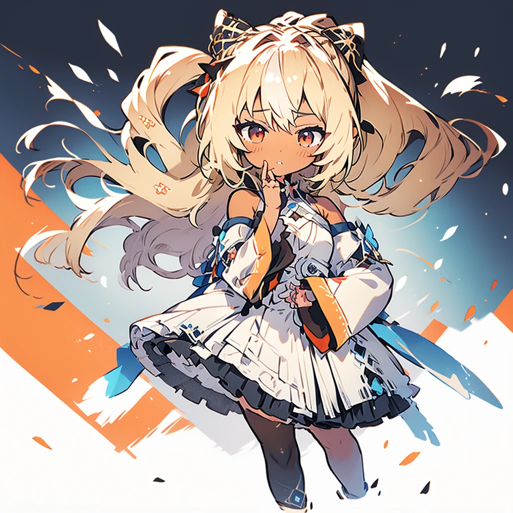 masterpiece, best quality, highres, 1girl, shiranui flare, streaked hair, multicolored hair, dark skin, long hair, blonde hair, hair blue bow, pointy ears, solo, sidelocks, white gloves, detached sleeves, garter straps, white thighhighs, high ponytail, white dress, red eyes, red bowtie, white hair, dark elf, long sleeves, bare shoulders, ponytail, cowboy shot, walking,