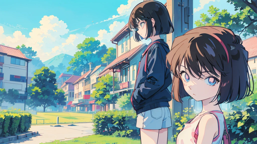 anime style, (1girl in, Solo:1.0), (Haibara Ai), ((Short pants)), (((Big eyes))), (Cute anime girl head), (flat chest),looking at viewer,With a height of 100cm, shoot from front, (head shot), Simple line minimalism, Abstract Art, City background, anime opening movie