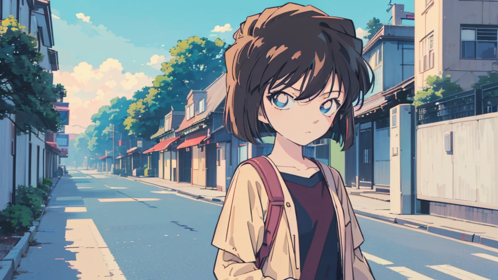 anime style, (1girl in, Solo:1.0), (Haibara Ai), ((Short pants)), (((Big eyes))), (Cute anime girl head), (flat chest),looking at viewer,With a height of 100cm, shoot from front, (head shot), Simple line minimalism, Abstract Art, City background, anime opening movie