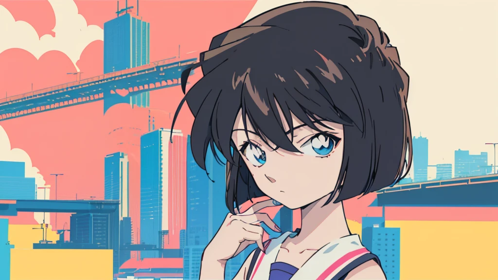 anime style, (1girl in, Solo:1.0), (Haibara Ai), ((Short pants)), (((Big eyes))), (Cute anime girl head), (flat chest),looking at viewer,With a height of 100cm, shoot from front, (head shot), Simple line minimalism, Abstract Art, City background, anime opening movie