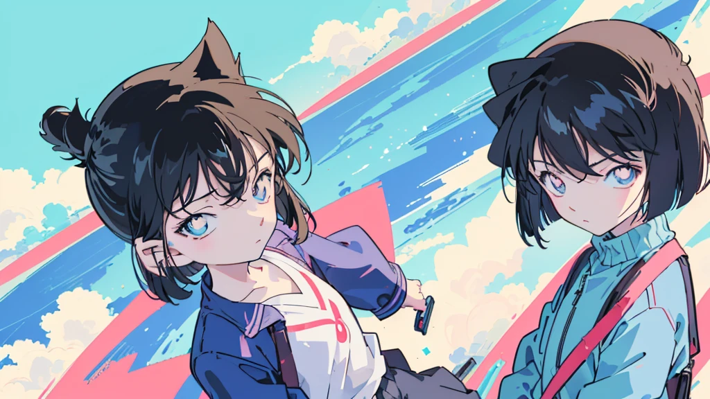 anime style, (1girl in, Solo:1.0), (Haibara Ai), ((Short pants)), (((Big eyes))), (Cute anime girl head), (flat chest),looking at viewer,With a height of 100cm, shoot from front, (head shot), Simple line minimalism, Abstract Art, City background, anime opening movie