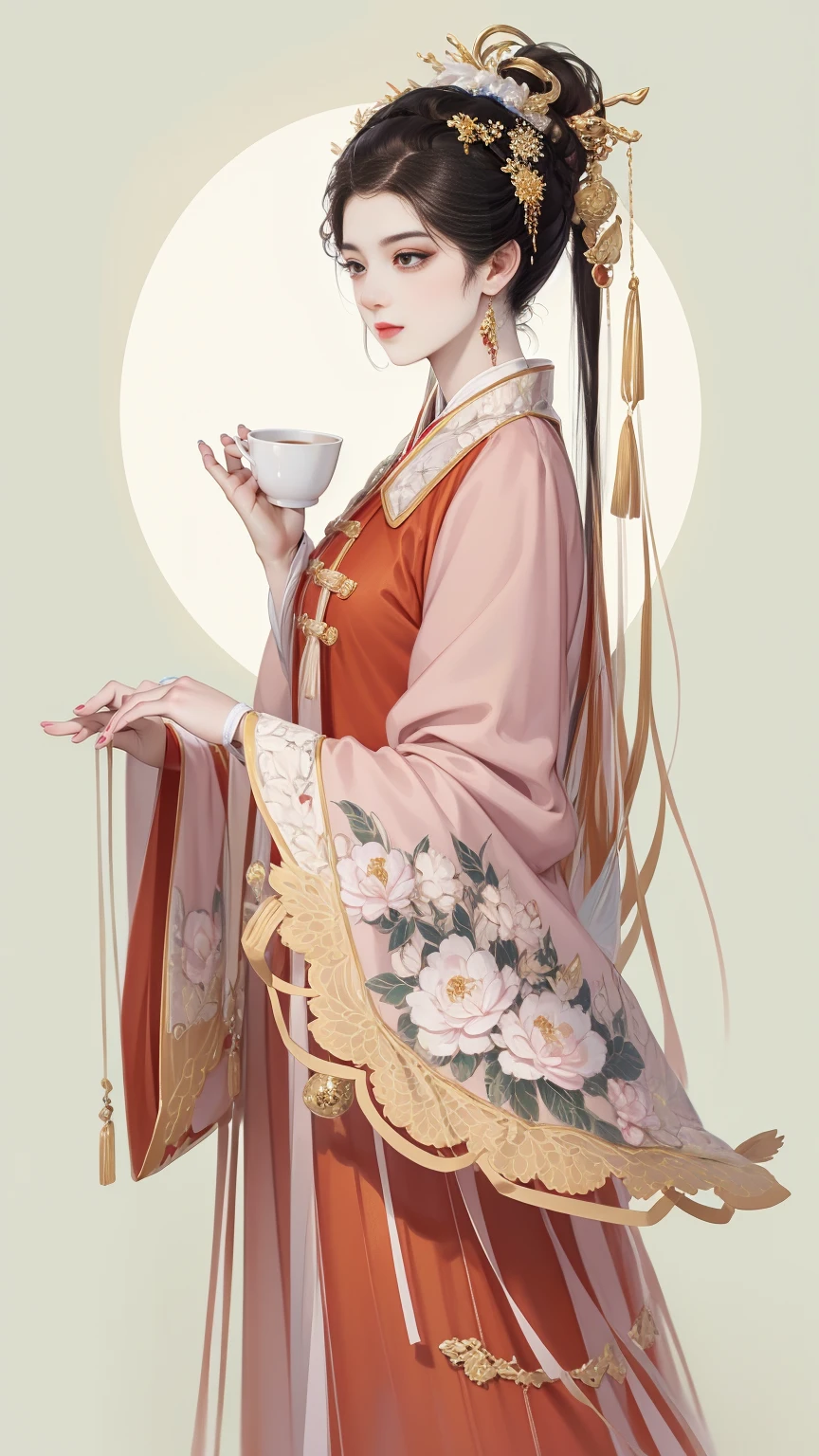 Beautiful girl from the Tang Dynasty of China,Noble and elegant,Holding a cup in hand,Delicate and fair facial features,Cold temperament,Red clothes,Black hair in a bun,Dressed in golden clothes,Chinese Tang dynasty costumes,Red and gold dress,Black long hair,Sunlight,Clear face,Ultra-clear,masterpiece,Very detailed,high quality,最high quality,The main color is red,Background simple elements,Elegance and nobility,grace