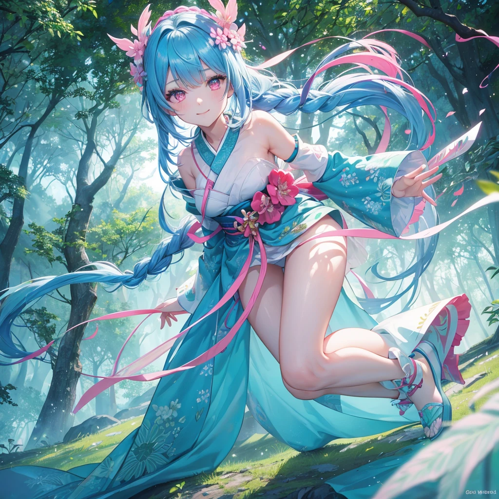 1girl, Angle from the front, The girl bends forward to show off her breasts、(Blade), (Tanned shiny black skin:1.6)、Glowing Eyes, ((grinning with a devilish smile)), (10 years old girl), blondes、Twin tails、forehead、Small breasts, hat, ((((arabian clothes, see-through)), (microphone headband), (Areola Slip), small breasts, (jewelry)))、desert, ((sahara))、(((footjob))), 1boy, (1penis), under hair, ((eject cum)), (sexy pose), ((kicking)), One leg raised、