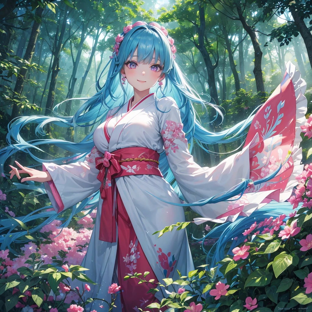 sky Blue hair, (braided ponytail),(pink eyes),fair skin ,(full body),1 girl,happy smile,white red kimono,Fresh green forest,Forest Goddess,Straight Bangs,(masterpiece, best quality, ultra-detailed, best shadow), (detailed background), (beautiful detailed face), high contrast, (best illumination, an extremely delicate and beautiful), ((cinematic light)), colorful, hyper detail, dramatic light, intricate details,guardian of the forest,Leaf Blizzard,
