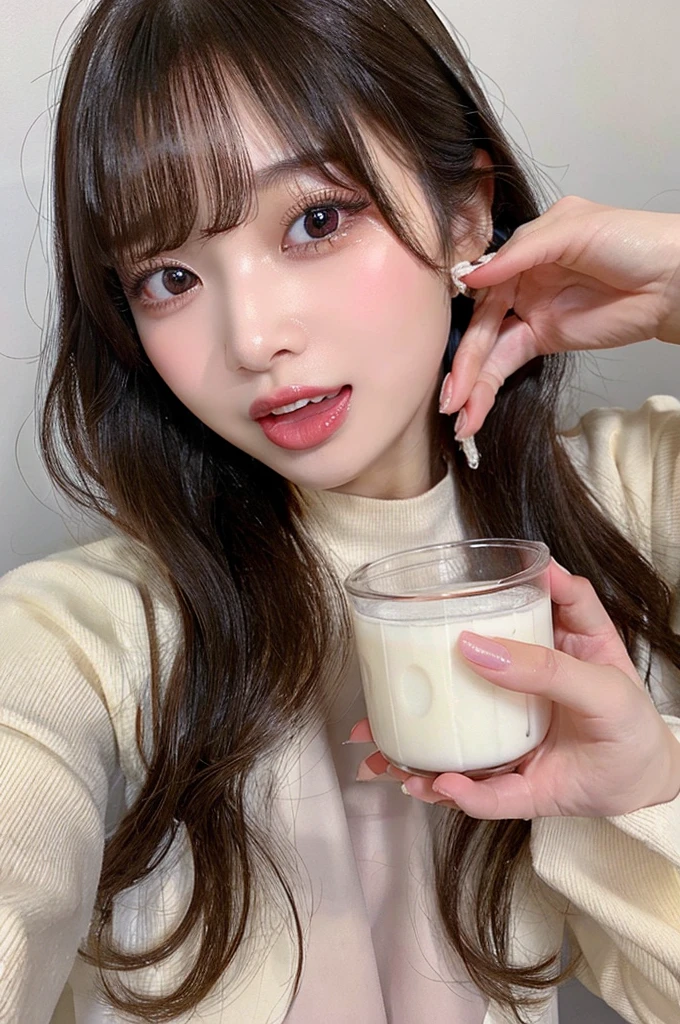 NSFW,(Open your mouth、Long Tongue、Milk overflows from the mouth)、Beauty、double eyelids、Tear bags、Big, round eyes、Long eyelashes)、highest quality