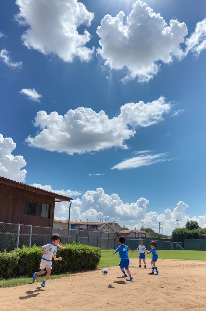 (masterpiece, 最high quality, high quality, High resolution:1.4), detailed,Soft indirect lighting, 4K,blue sky，cumulonimbus，Children playing soccer，Back view