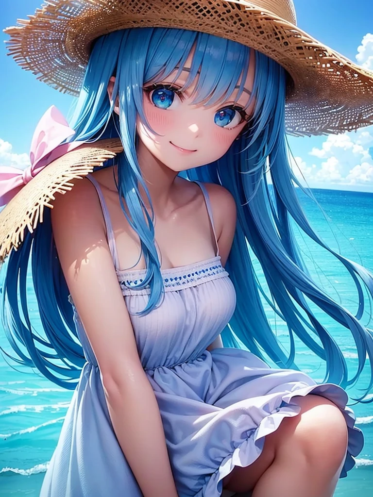Ocean、blue sky、One girl、Pink and light blue hair、bangs、Big Eyes、White dress、Straw hat、Looking this way and smiling、Highest品質, High definition, Ultra-fine, Highest_detailed