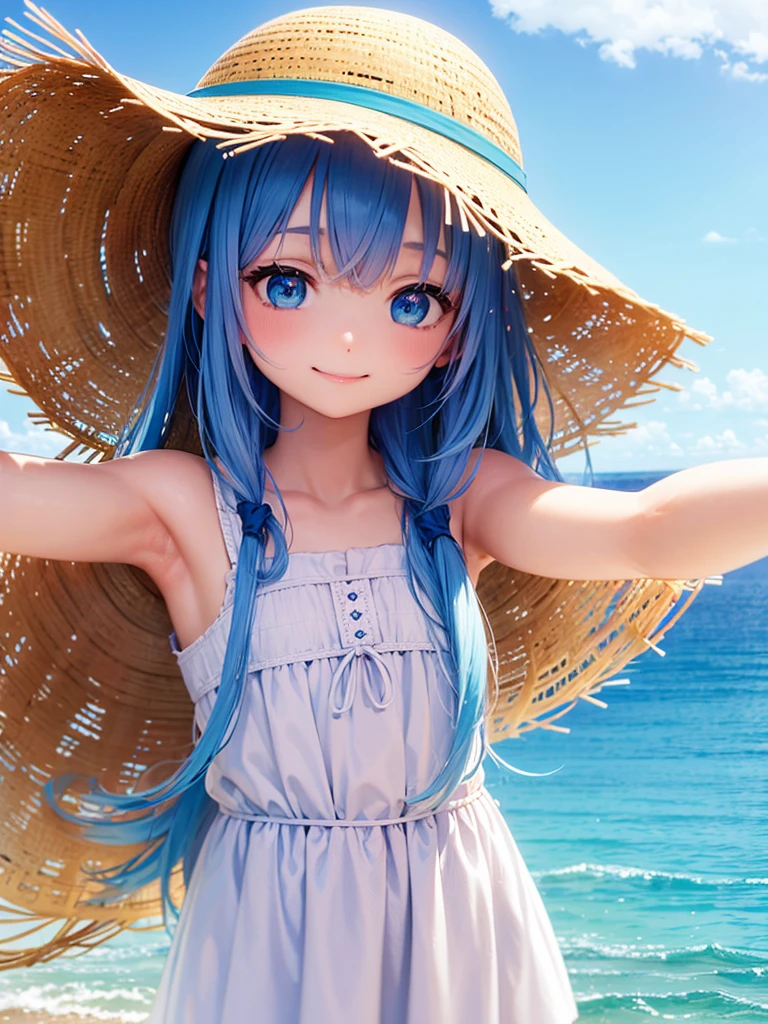 Ocean、blue sky、One girl、Pink and light blue hair、bangs、Big Eyes、White dress、Straw hat、Looking this way and smiling、Highest品質, High definition, Ultra-fine, Highest_detailed