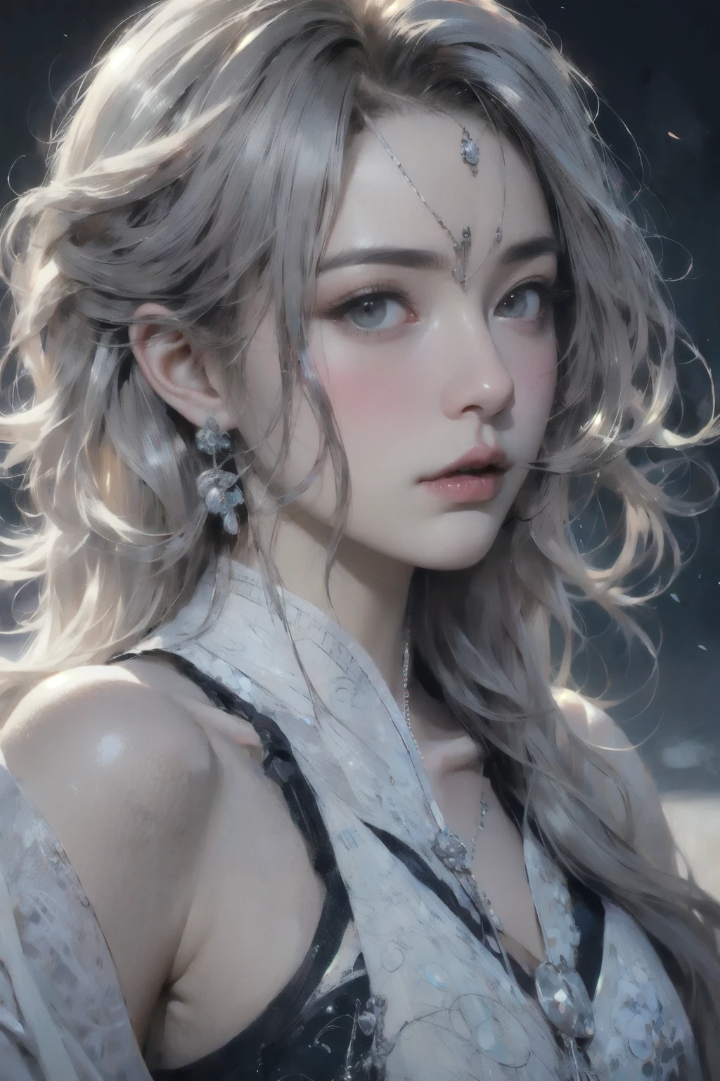 (masterpiece, top quality, best quality, official Art, beautiful and aesthetic:1.2),(1 woman:1.2),cute,extremely detailed,(abstract:1.4, fractal Art:1.3),(silver_hair:1.1),fate \(series\),fancy,most detailed,fire,ice,Lightning,(fried food_Art:1.2),bijouterie:1.4,Hanfu,sight,ink,