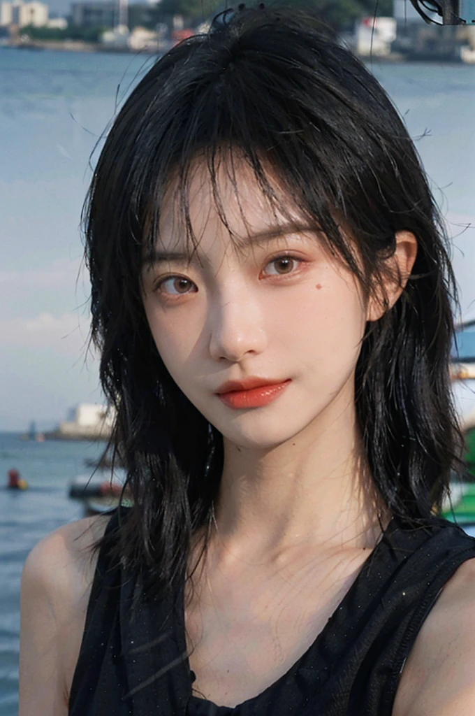 (Skin details:1.4), (smooth skin textures:1.3), Lipstick, background, Direct vision, earrings, serene, calm, (Realistic and detailed eyes:1.2), Natural skin texture, Realistic facial details, Soft dramatic lighting, Vivid details, 35 mm film, outdoor, (Photo Practical:1.4), (hyper Practical:1.4), (Practical:1.3), (Smoother lighting:1.05), (Improve lighting quality:0.9), (Highest quality real skin textures:1.4), Exquisite eyes, Delicate face, (Close-up of face, (Enhance the beauty of skin texture:1.1), Hair details, Noble temperament, (Black clothes 1.3), normal body ratio, short hair, Headband, Moles under the eyes, thinking, A faint smile, Seaside background, seaside, Portrait Photography, Depth of Field, Bokeh, Surrealism, Ray Tracing, (Portrait Photography:1.1), Surrealism, High Detail, Chiaroscuro, Ray Tracing, reflected light, Ultra HD, Ultra HD, masterpiece, Textured Skin, Super Detail, High Details, high quality, best quality