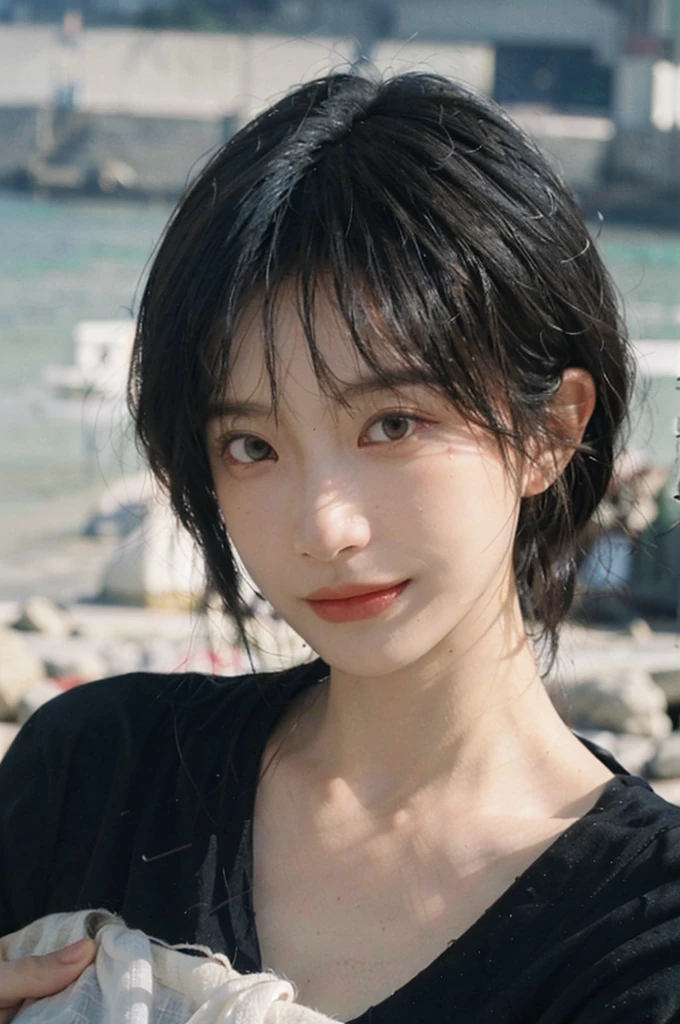 (Skin details:1.4), (smooth skin textures:1.3), Lipstick, background, Direct vision, earrings, serene, calm, (Realistic and detailed eyes：1.2）, Natural skin texture, Realistic facial details, Soft dramatic lighting, Vivid details, 35 mm film, outdoor, (Photo Practical:1.4), (hyper Practical:1.4), (Practical:1.3), (Smoother lighting:1.05), (Improve lighting quality:0.9), (Highest quality real skin textures:1.4), Exquisite eyes, Delicate face, (Close-up of face, (Enhance the beauty of skin texture:1.1), Hair details, Noble temperament, (Black clothes 1.3), normal body ratio, short hair, Headband, Moles under the eyes, thinking, A faint smile, Seaside background, seaside, Portrait Photography, Depth of Field, Bokeh, Surrealism, Ray Tracing, (Portrait Photography:1.1), Surrealism, High Detail, Chiaroscuro, Ray Tracing, reflected light, Ultra HD, Ultra HD, masterpiece, Textured Skin, Super Detail, High Details, high quality, best quality