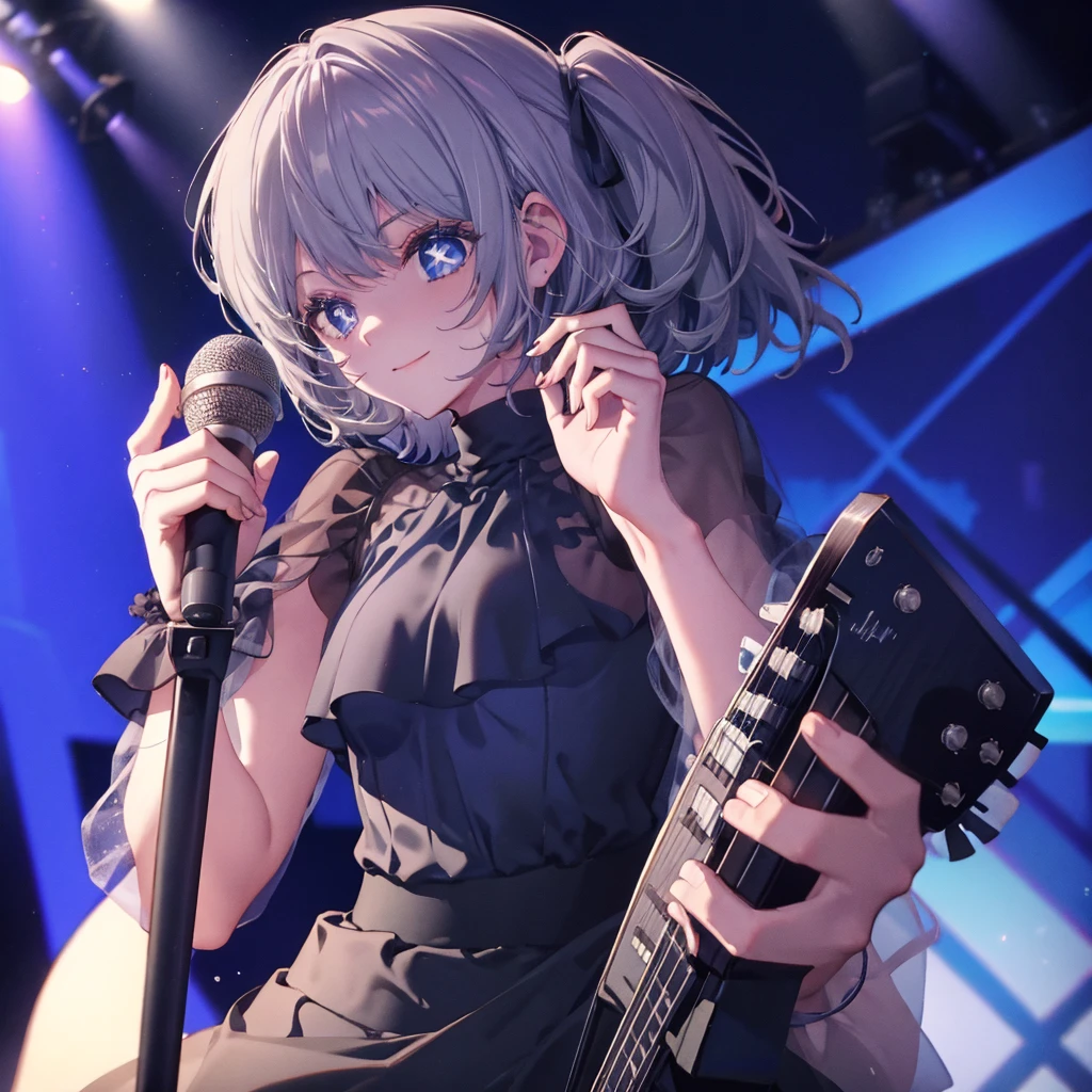 (((1 person　Gray Hair　dress　singer　blue eyes　There is a microphone stand in front of you.)))　((High resolution　short hair　青いdress　Black Skirt　Rin々Funny face))　((Close-up))　((Sing a song　Shining Aura　On stage　Guitar solo))　(smile　Exposure to blue light)　Shining Background　Shining Edge