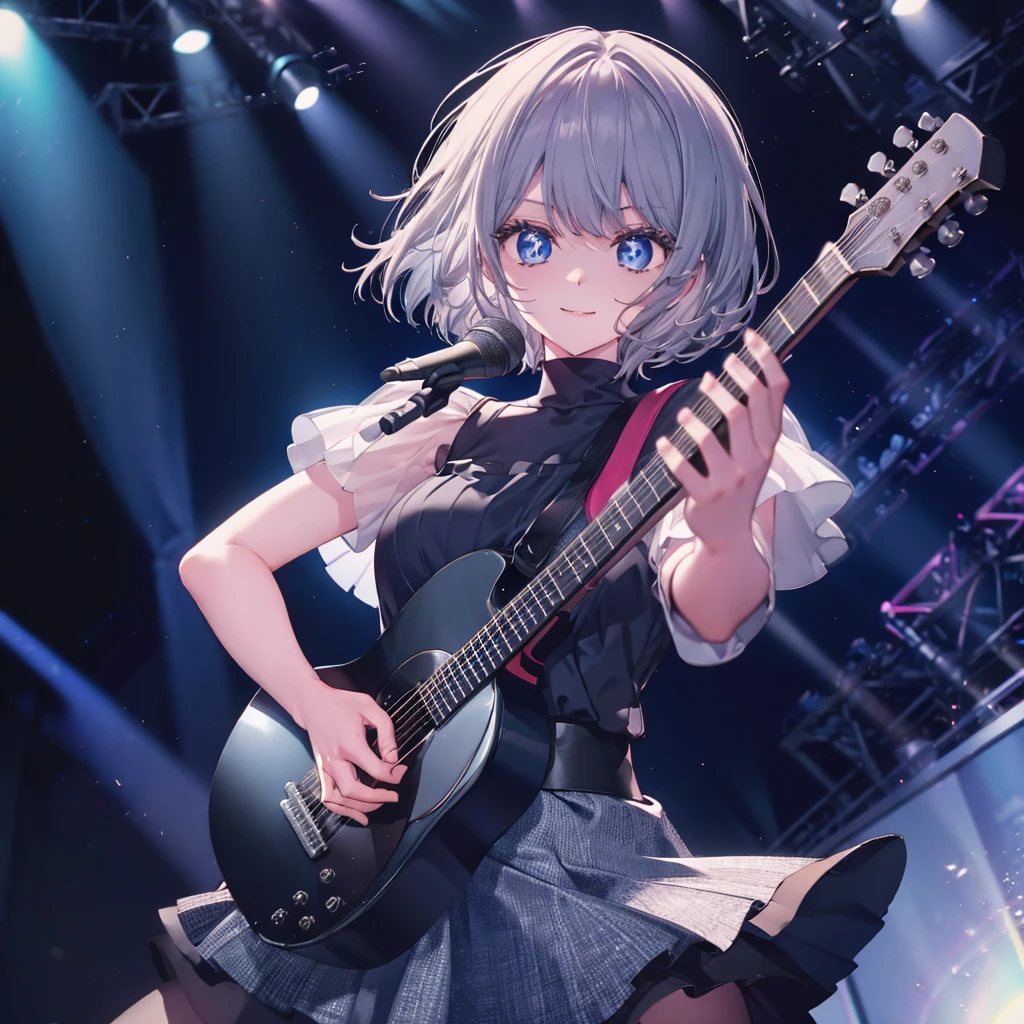 (((1 person　Gray Hair　dress　singer　blue eyes　There is a microphone stand in front of you.)))　((High resolution　short hair　青いdress　Black Skirt　Rin々Funny face))　((Close-up))　((Sing a song　Shining Aura　On stage　Guitar solo))　(smile　Exposure to blue light)　Shining Background　Shining Edge