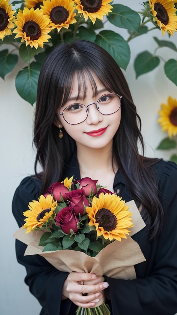 Beautiful girl with glasses, Long black hair, Bouquet of sunflowers and red roses, Bright colors, smile, 8K quality, Focus of the film, close your eyes