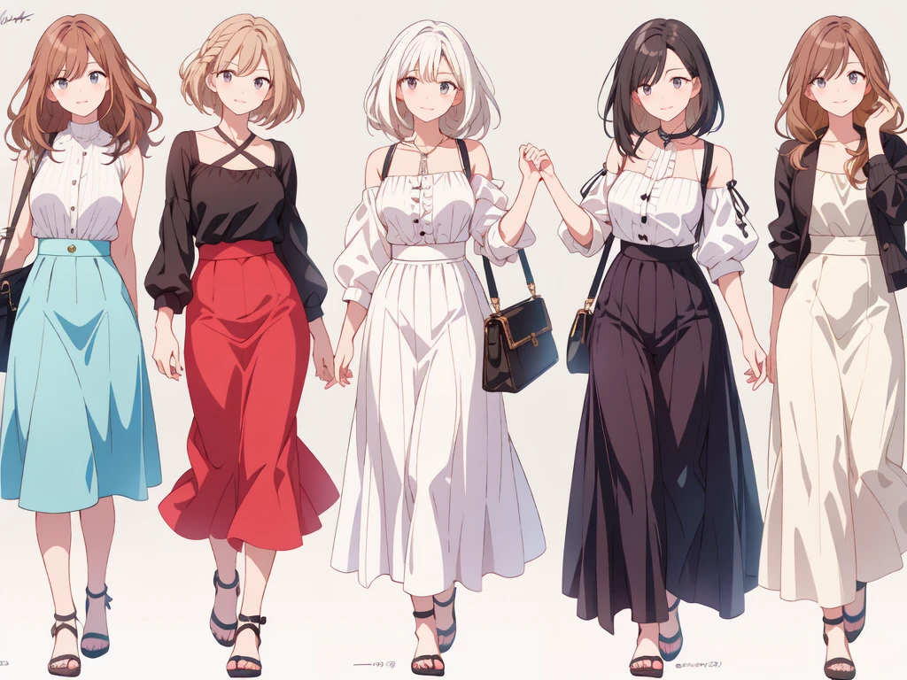 (((Best Quality))) , ((full body)), 4 lady, adult woman, multiple views, white background, variety of hairstyles, variety of fashion styles,  pose, fashionable and trendy atmosphere, holding bag, spring outfits, walk pose,  long skirt,
