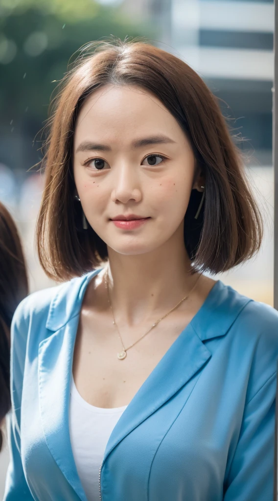 ((Bestquality, 8k, a masterpiece:1.3)), Focus:1.2, Perfect body beauty:1.4, buttocks:1.2, ((Cut hair in layers, Normal chest:1.2)), , (Rain, Street:1.3), JK dress:1.1, Highly detailed facial and skin texture, Detailed Eyes, Double eyelidd,Whiten skin,length hair,(Round face:1.5)