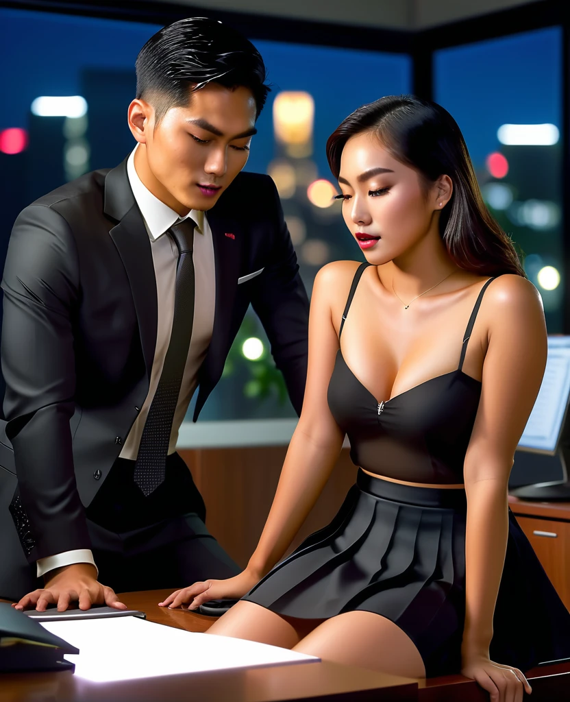 A jaded 25-year-old Singaporean office worker in a black skirt having steamy sex on the desk, nighttime, tanned, ultra high definition, photorealistic, 4K, dim fluorescent lighting, perspiration, sex in pussy with hard cock