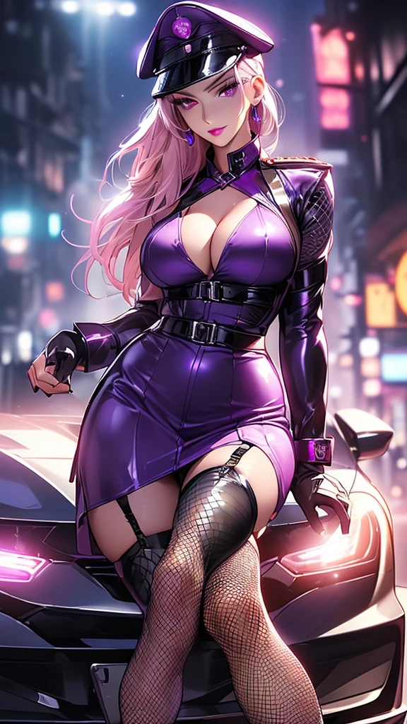woman,1 person(((Sexy female soldier))),(((uniform,Tight Skirt,High heels,Fishnet tights,Uniform cap,latex,garter belt))),(Detailed Description, High resolution,8k wallpaper,masterpiece,Highest quality,Depth of region,Anatomically accurate depiction,A face with attention to detail, Eye for detail,Nice hands, Perfect Fingers,eyelash,(Intensely glowing purple eyes,Narrow eyes,Sidelong glance,There is cleavage in the chest,A seductive smile,Large Breasts,Pink Lips,Seductive pose),(Glowing Skin、Shiny skin、Oilskin),Perfect body,Curvy Legs,(whole body),background:base