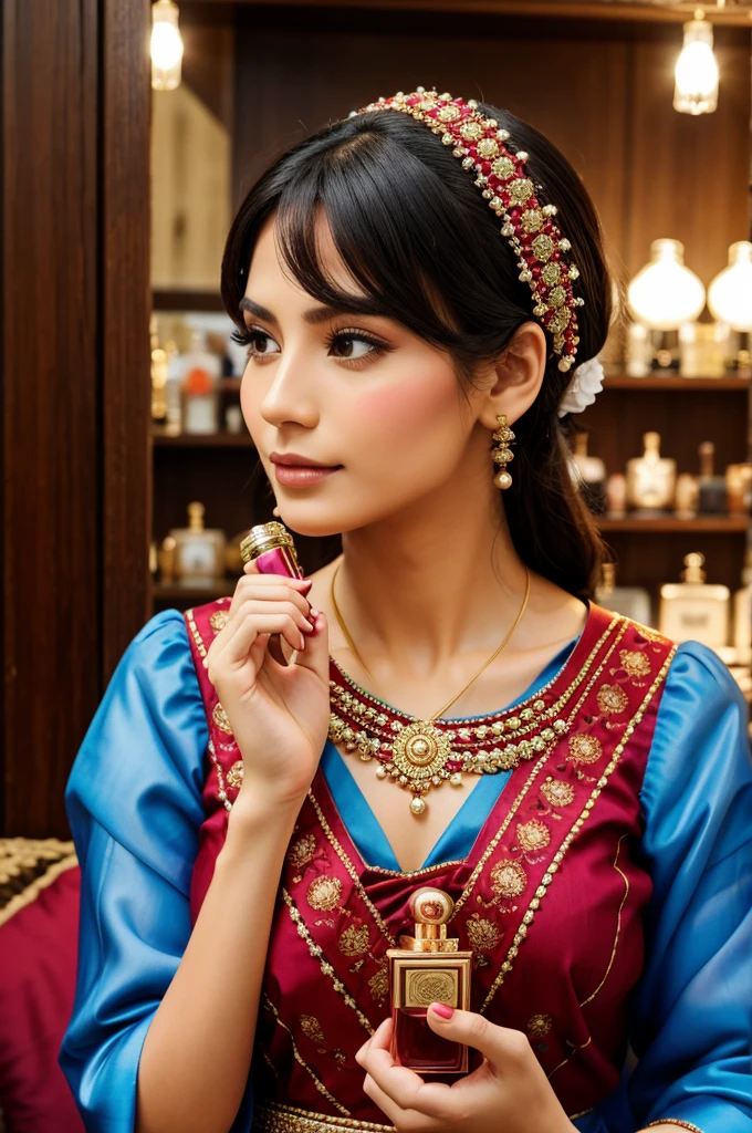 A traditional dressed women holding perfume