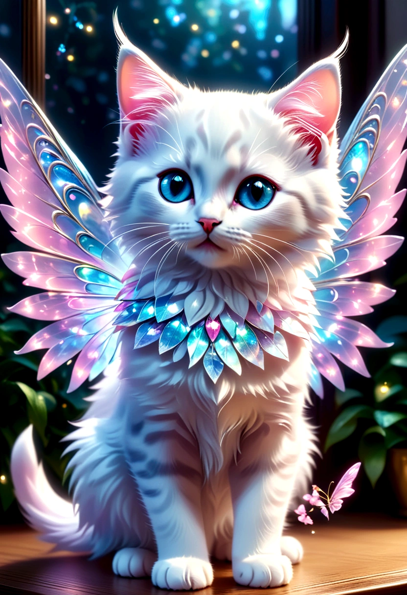masterpiece, best quality, 8K, High Detail, Ultra Detail, A cute kitten, Light Blue，With holographic ornate design, Light pink and white, Nearly perfect，There are fairy transparent colorful wings