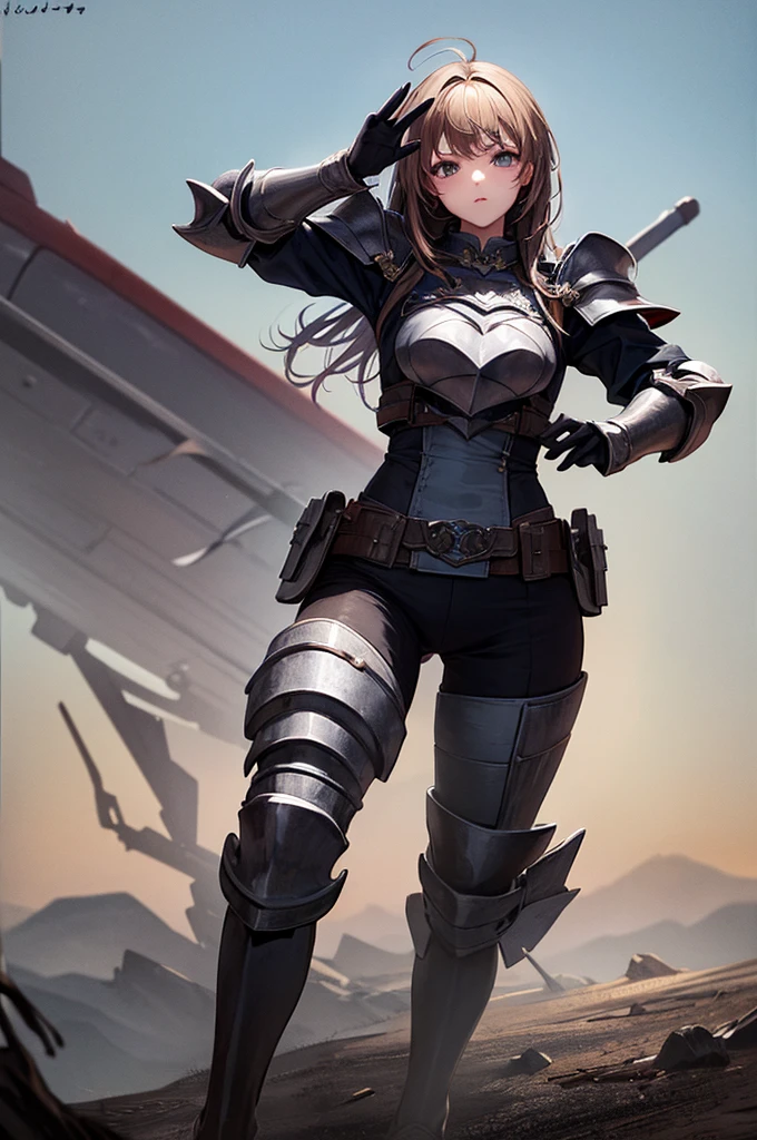 (masterpiece), (Highest quality), (1 Girl), 黄金のarmorを着た少女, Cool pose, Battlefield Background,armor, Messy Hair, , Tattered clothes