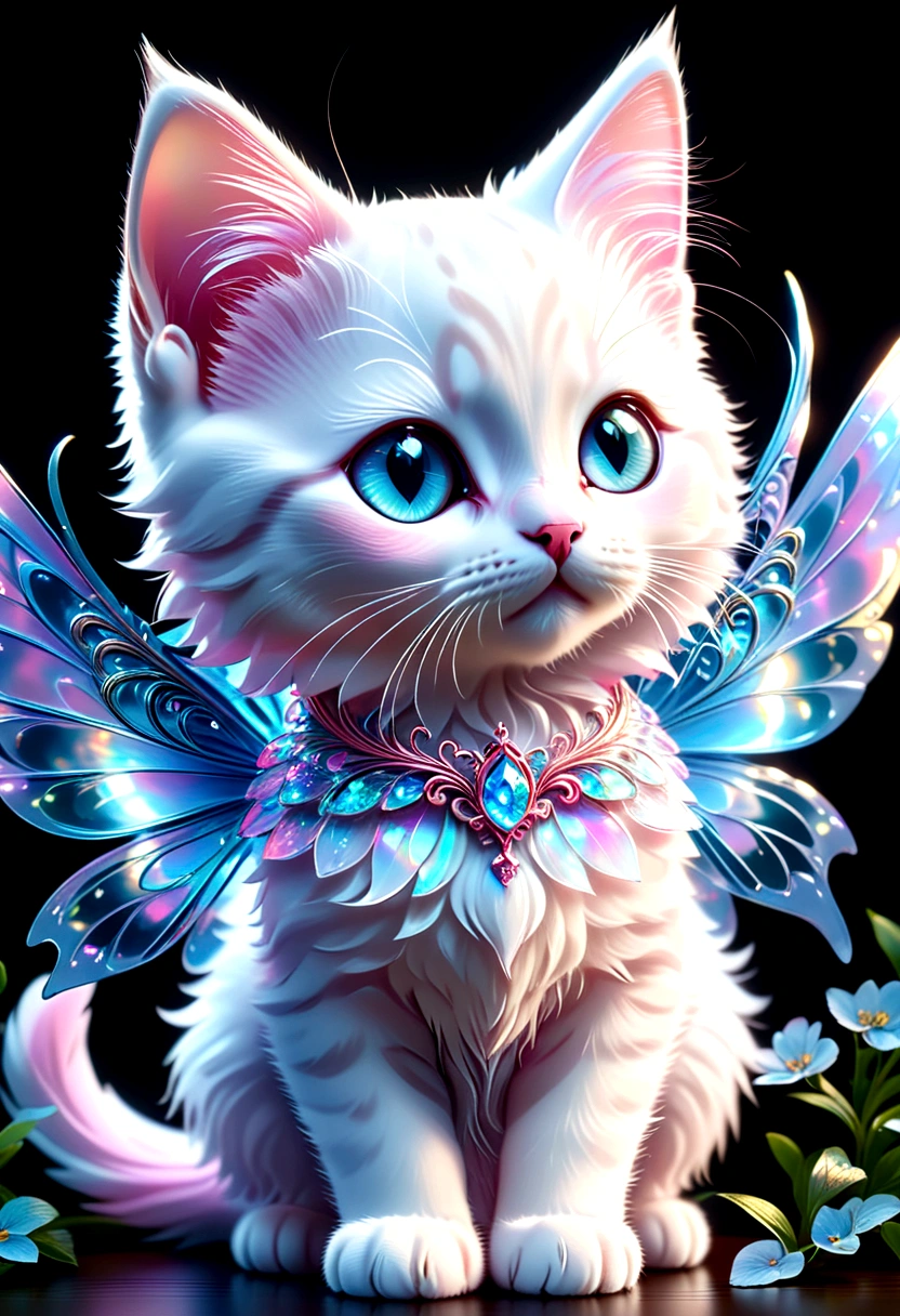 masterpiece, best quality, 8K, High Detail, Ultra Detail, A cute kitten, Light Blue，With holographic ornate design, Light pink and white, Nearly perfect，There are fairy  colorful wings