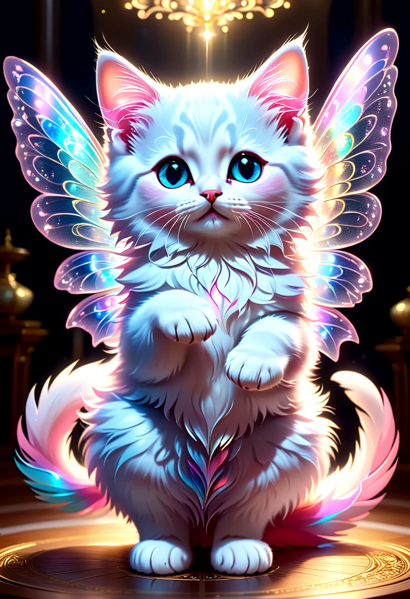 masterpiece, best quality, 8K, High Detail, Ultra Detail, A cute kitten, Light Blue,With holographic ornate design, Light pink and white, Nearly perfect,There are fairy transparent colorful wings