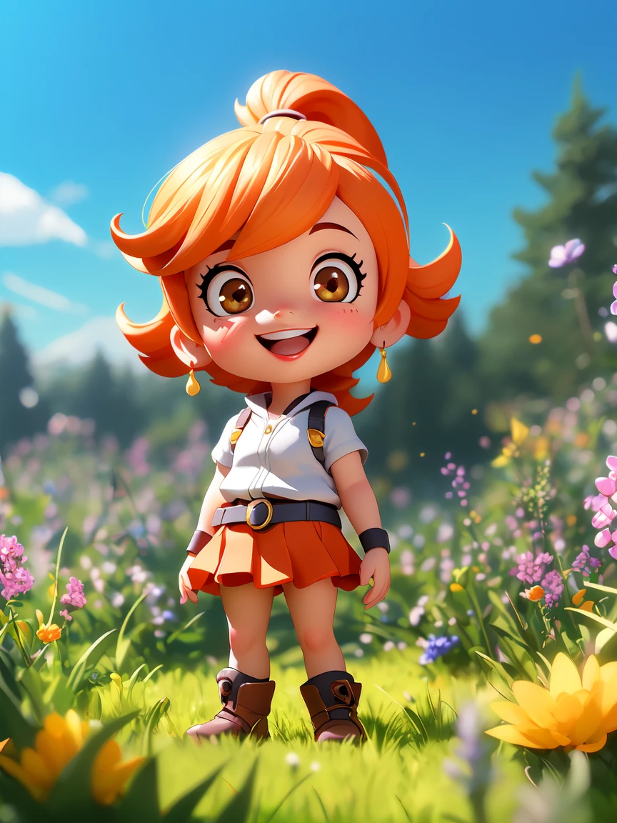 A 10-year-old girl,Normal body proportions,Naughty,Exaggerated actions,Smiling and making faces, Brown Ponytail,Short orange skirt,Standing on a meadow full of flowers,Sunshine on the face,Medium shot,Studio Gippley style,Miyazaki style,2.5D,Game texture,lifelike