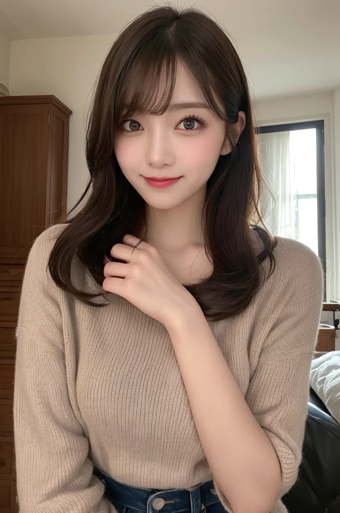 masutepiece, Best Quality, Illustration, Ultra-detailed, finely detail, hight resolution, 8K Wallpaper, Perfect dynamic composition, Beautiful detailed eyes,Medium Hair,,Natural Color Lip, Bold sexy poses,Smile,home(a room)、20 years girl、Cute、Sexy shot looking at camera,(Trendy women)