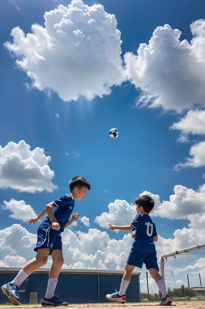 (masterpiece, 最high quality, high quality, High resolution:1.4), detailed,Soft indirect lighting, 4K,blue sky，cumulonimbus，Children playing soccer，Back view