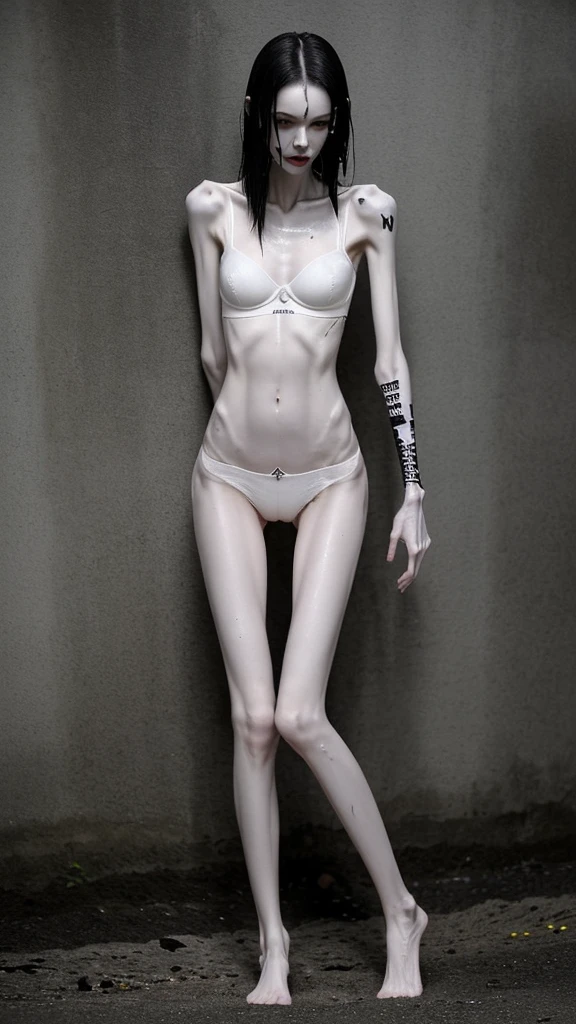 a woman, very thin body, body visible bones, very slender, sweaty wet body, pale white skin, panties, bra,tatto, full body, has a mental breakdown in an underground prison,